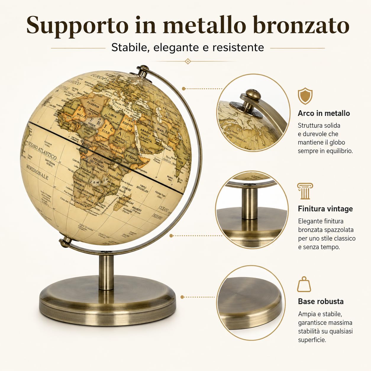 Exerz Mappamondo Antico 14cm Mappa Italiana Supporto Metallo Bronzo | Compatto per scrivania studio e libreria con finitura ideale per bambini adulti casa ufficio e regali Globo Terrestre Antico