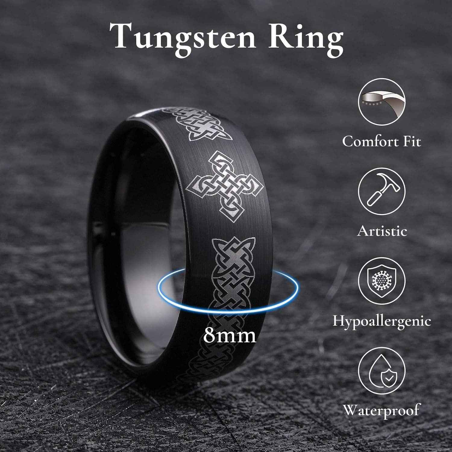 King Will Black Tungsten Carbide Wedding Band For Men, Thorn Pattern Design, 8mm Dome Matte Brushed Engagement Rings for Daily Wear and Activities, Comfort Fit Size 7-12