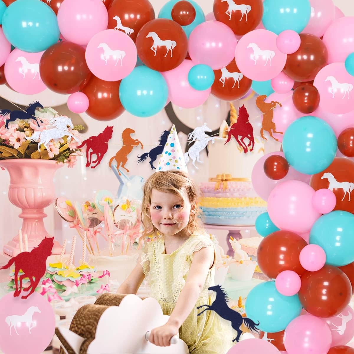 Horse Party Decorations for Girls - Horse Balloon Garland Kit Teal Pink And Brown Printed Balloons Horse Racing String Banner Garland for Western Cowgirl Birthday Party Supplies