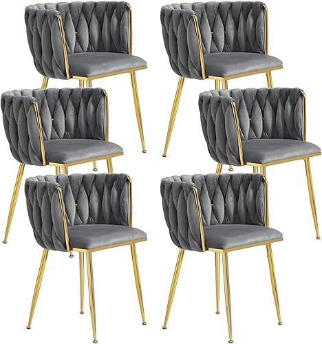 Miniatura 30 de Juego de 4 sillas de comedor de terciopelo, modernas sillas de comedor con patas de metal dorado, sillas de comedor tapizadas tejidas para comedor,