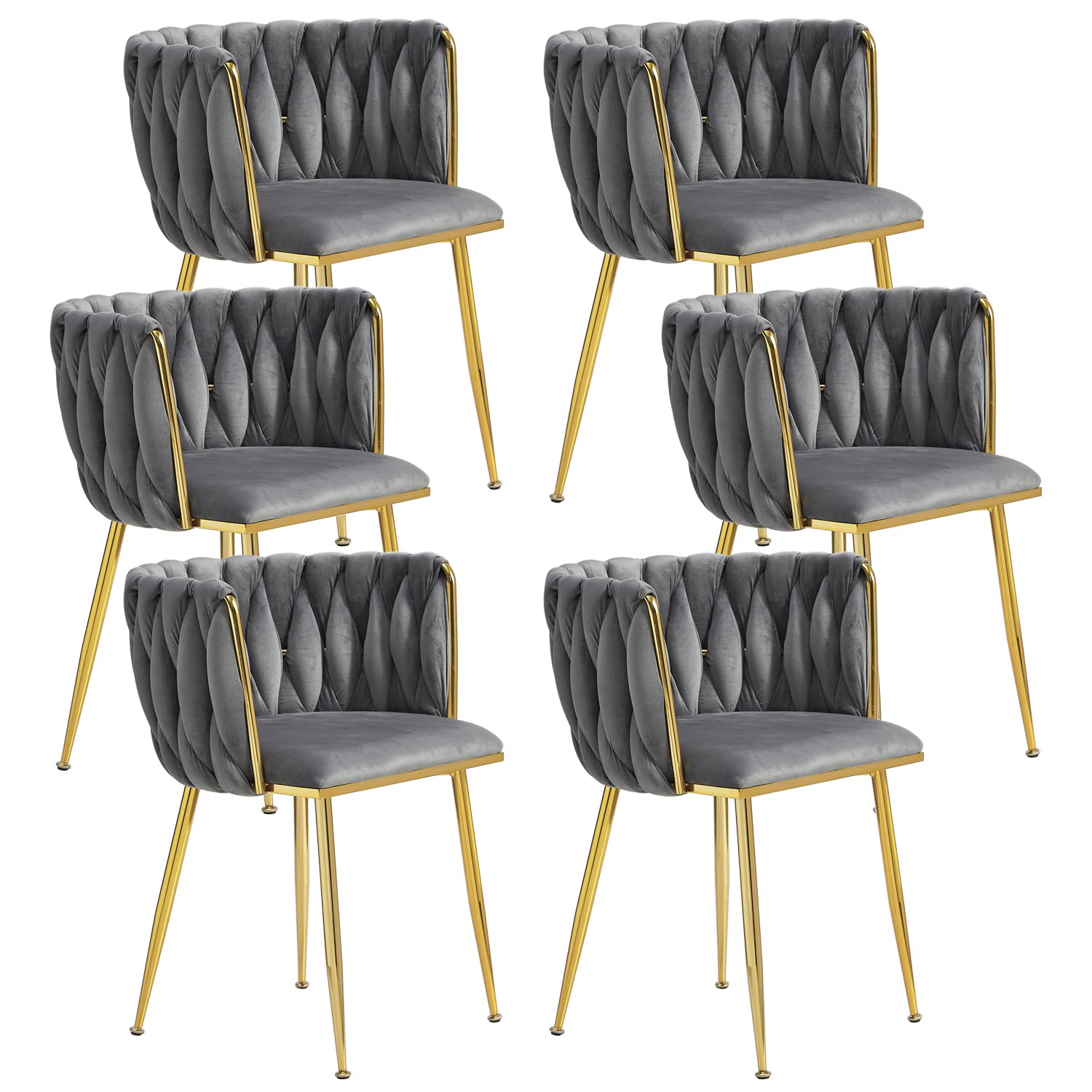Tsuysi Velvet Dining Chairs Set of 6, Modern Upholstered Dining Room Chairs with Golden Metal Legs and Woven Backrest for Dining Room, Kitchen, Vanity