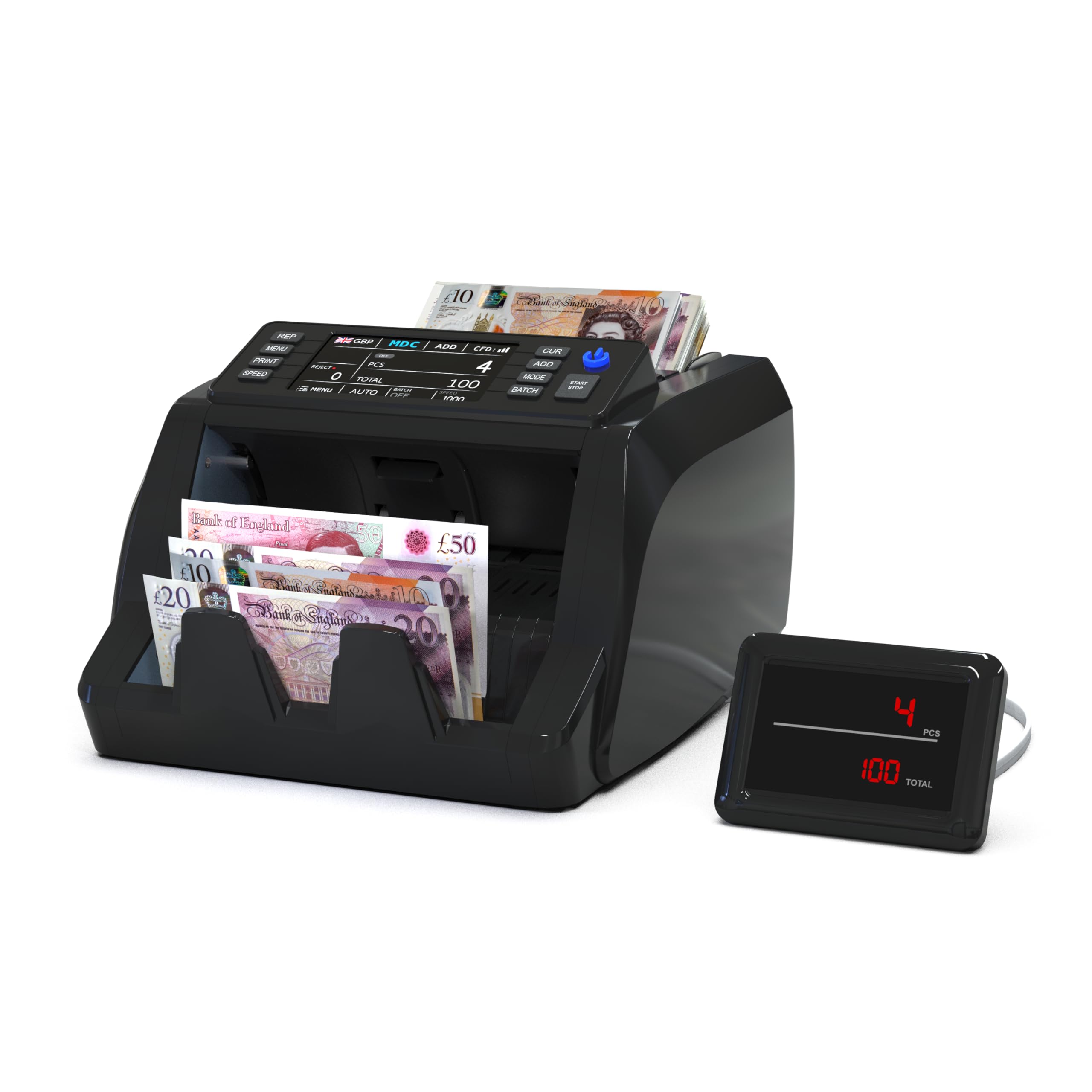 Detectalia V10 Banknote Counter with UV/MG/IR/MT/DD Detection, 3.5” TFT Screen + External Display, Total Value, Batch & Add, 1000 Notes/Minute, Compatible with 10 Currencies