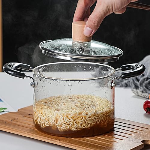 Miniatura 3 de Cacerola de vidrio con tapa, resistente al calor, olla de cocina de vidrio de borosilicato de madera con doble asa, cristalería transparente para