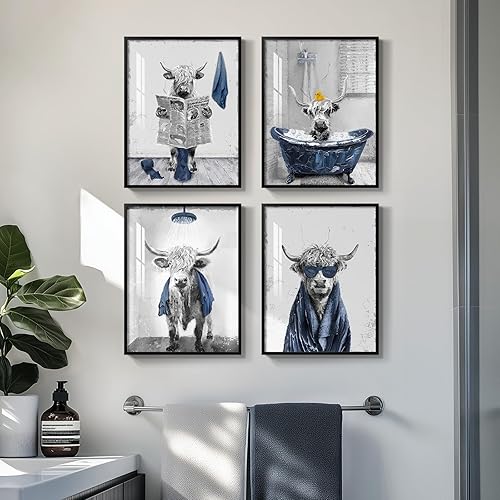 Miniatura 14 de Arte de pared divertido de vaca de las tierras altas enmarcado para baño, 4 piezas de divertidos animales, impresiones artísticas azul marino, linda