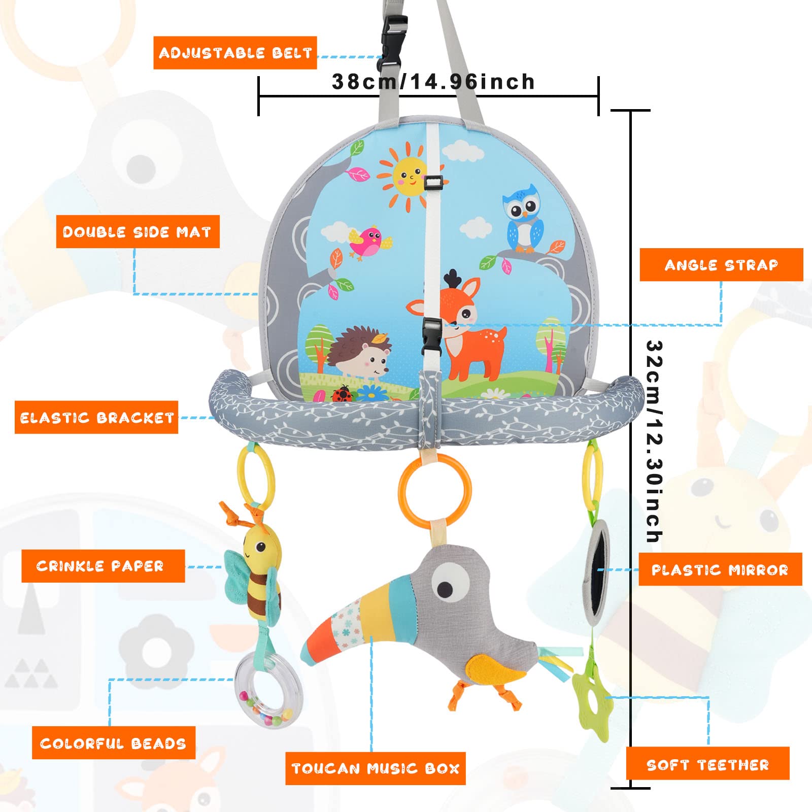 Bébé Siège de Voiture Jouets, Jeux Voiture Bebe Réglable Double Face Jouet avec rétroviseur et Centre d'activités en Arc avec Miroir Musical pour bébés