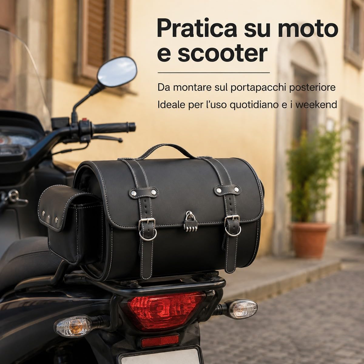 Baule Moto 45 L Nero Per Scooter, Box Posteriore Rigido Effetto Pelle Con Chiusure, Maniglia E Tasca Laterale, Forma Cilindrica, Per Casco, Guanti E Accessori Viaggio E Uso Urbano.