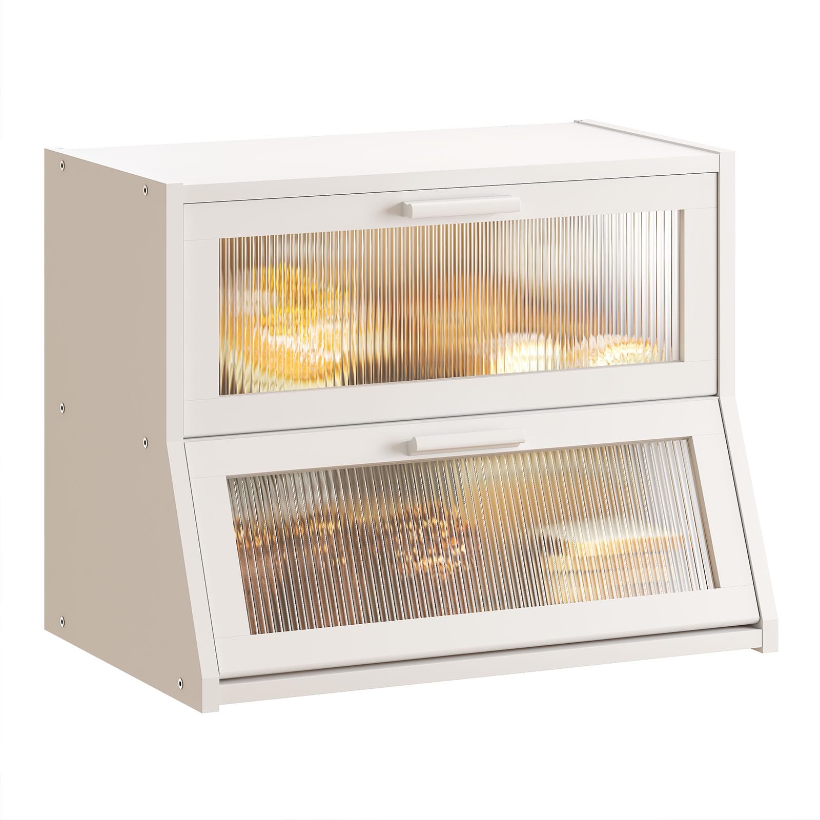 GHWIE Double Layer Bamboo Bread Box for Kitchen Counter,Large Capacity Bread Storage Bin,Bread Container with Acrylic Wavy Door Panel,White