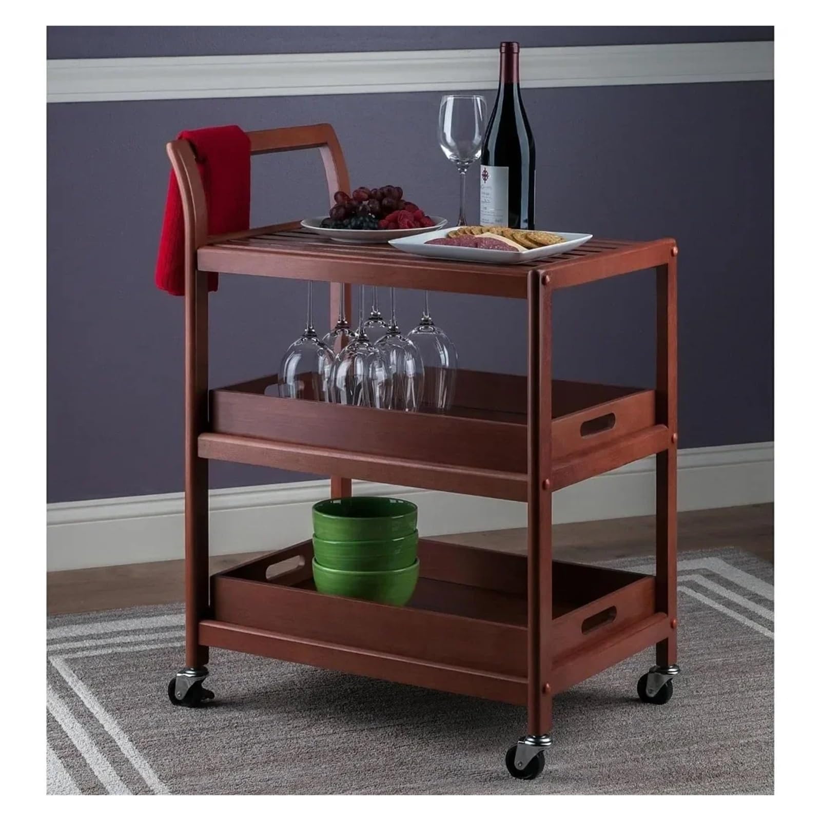 Stockage Chariot de Rangement Cuisine, Chariot Mobile en Bois à 3 Niveaux avec Roues verrouillables et Deux Plateaux détachables, Quatre roulettes