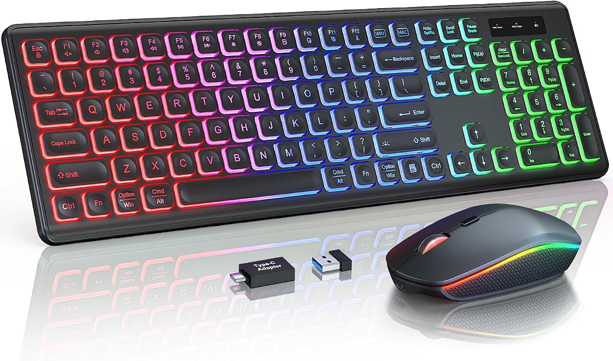 Combo de teclado y mouse inalámbricos con retroiluminación RGB, recargable | Letras iluminadas, tamaño completo, escritura suave, modo de suspensión, juego de teclado silencioso de 2,4 GHz para Mac, Windows, computadora portátil, PC, Trueque KM42Pro