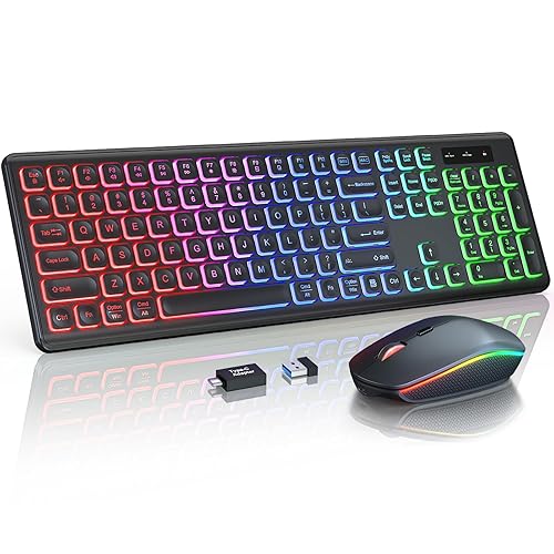 Wireless Keyboard and Mouse Combo - RGB Backlit, Rechargeable & Light Up Letters, Full-Size, Ergonomic Tilt Angle, Sleep Mode, 2.4GHz Quiet Keyboard Mouse for Mac, Windows, Laptop, PC - Black