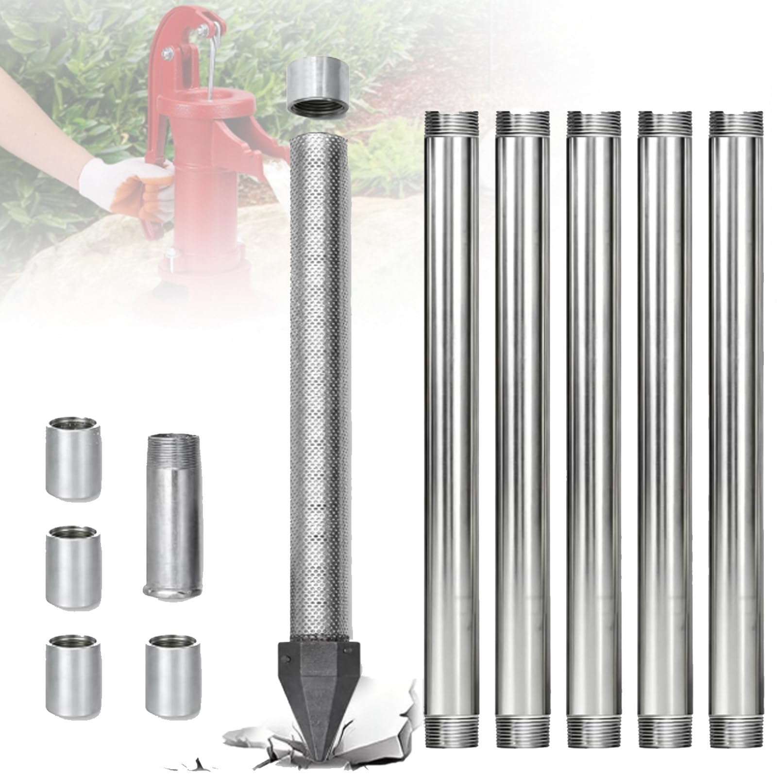 ZyKnaurral DIY Sand Point Well Kit,Heavy Duty 1-1/4" Drive Point with 60 Gauge Mesh to Clean Water, 36" Shallow Well Drilling Kit for Drive Sand Point Well& Soft Soil Well NoWaterPump-5+1kit