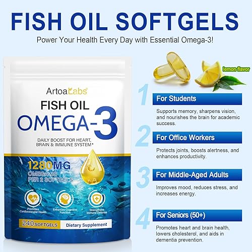 Miniatura 2 de Suplementos de aceite de pescado Omega 3, 1280 mg de ácidos grasos omega-3, 650 mg de Epa + 450 mg de Dha que promueve la salud del cerebro y el