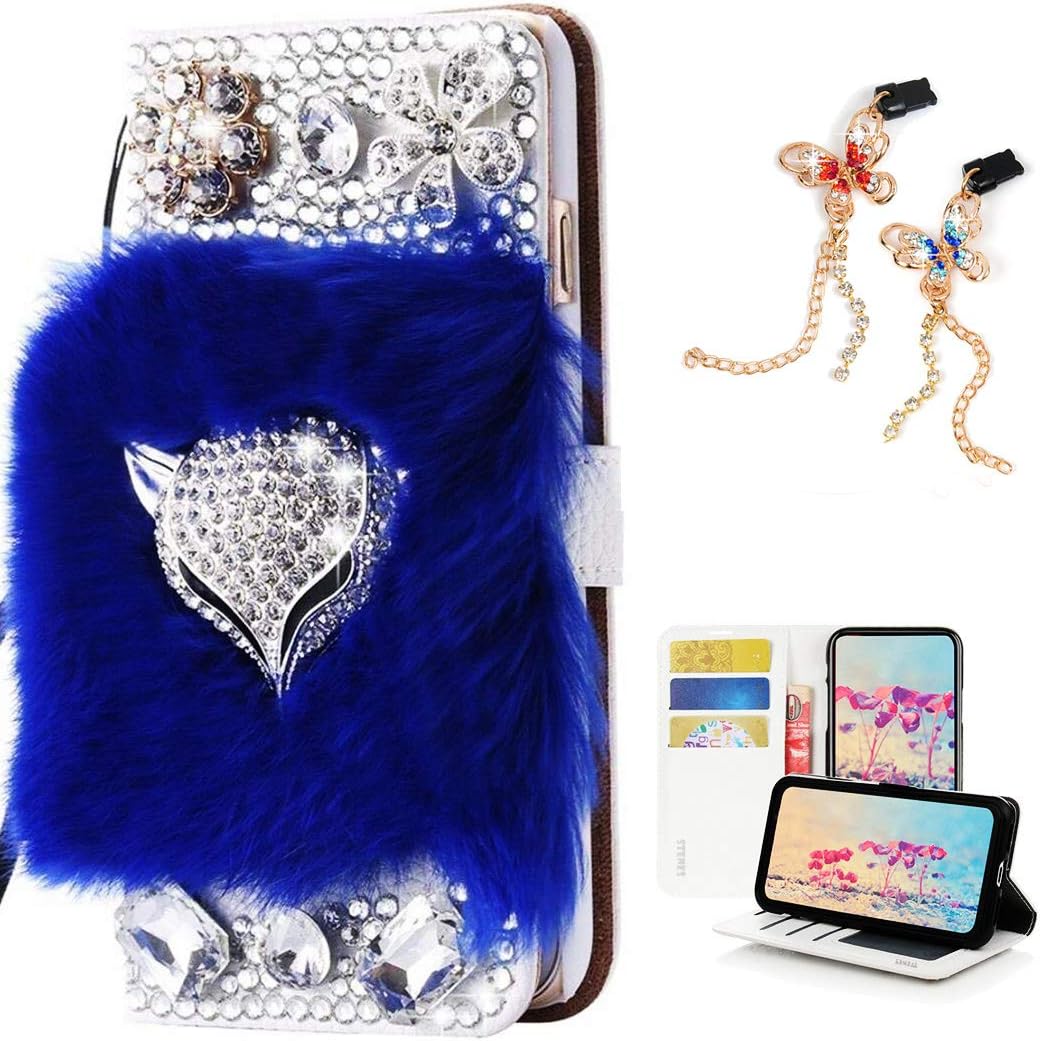 STENES Bling Wallet Phone Case Compatible with iPhone 13 Mini Case - Stylish - 3D Handmade Luxury Fox Flowers Design Leather Cover with Bling Butterfly Dust Plugs [2 Pack] - Black