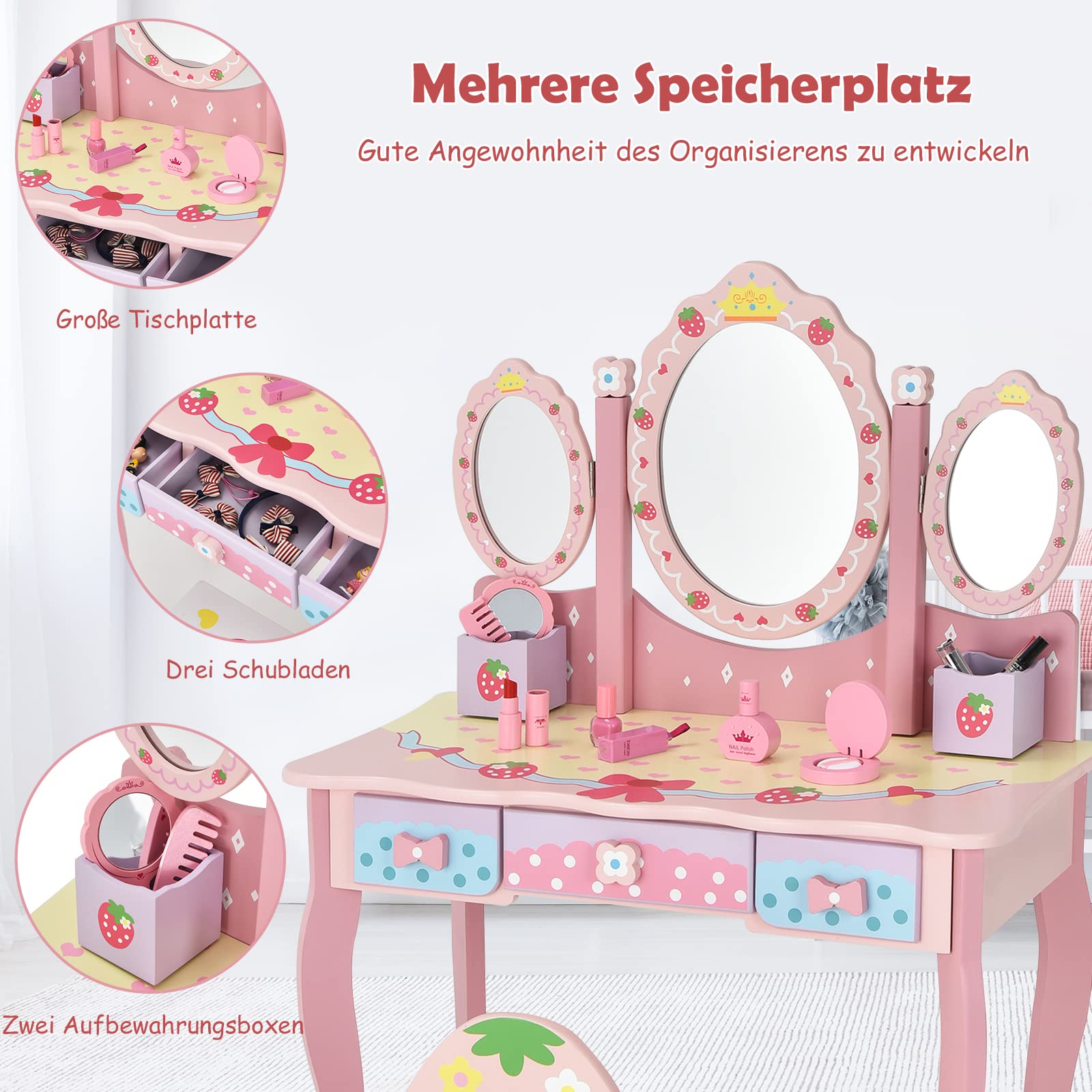 COSTWAY Kinder Schminktisch Set, Prinzessin Frisiertisch mit Klappbarem Spiegel, Schminkhocker und 3 Schubladen, Make-up Schminktisch Frisierkommode für Kinder Mädchen (Pink)