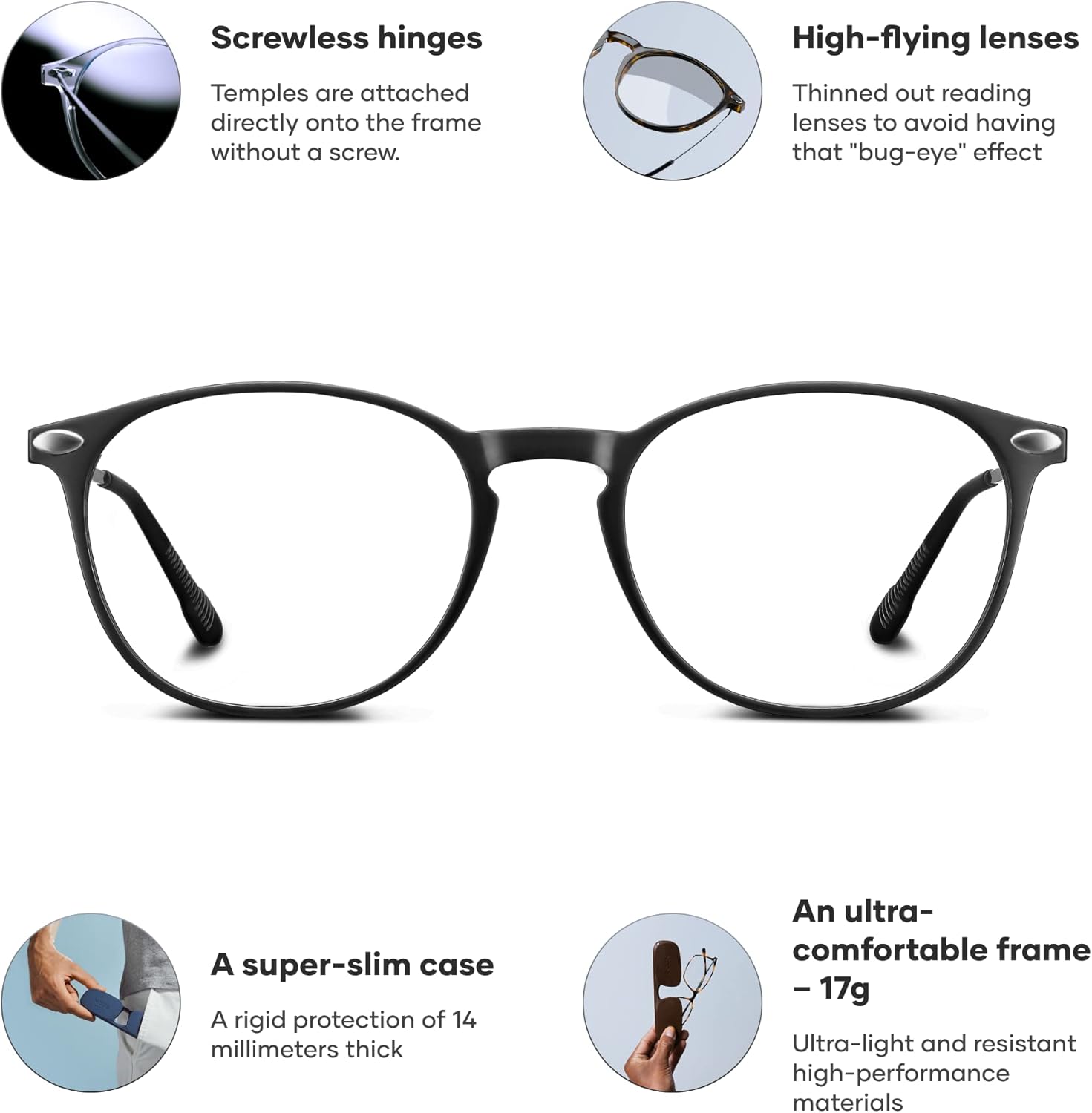 NOOZ Optics - Reading Glasses - Slim & Lightweight (5g) - Presbyopia Readers for Women & Men with Compact Case -Oval