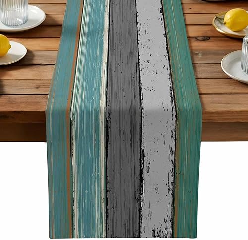 Miniatura 93 de Camino de mesa de algodón y lino estilo granja rústico retro, textura de madera de granero, color degradado marrón y gris, antideslizante,