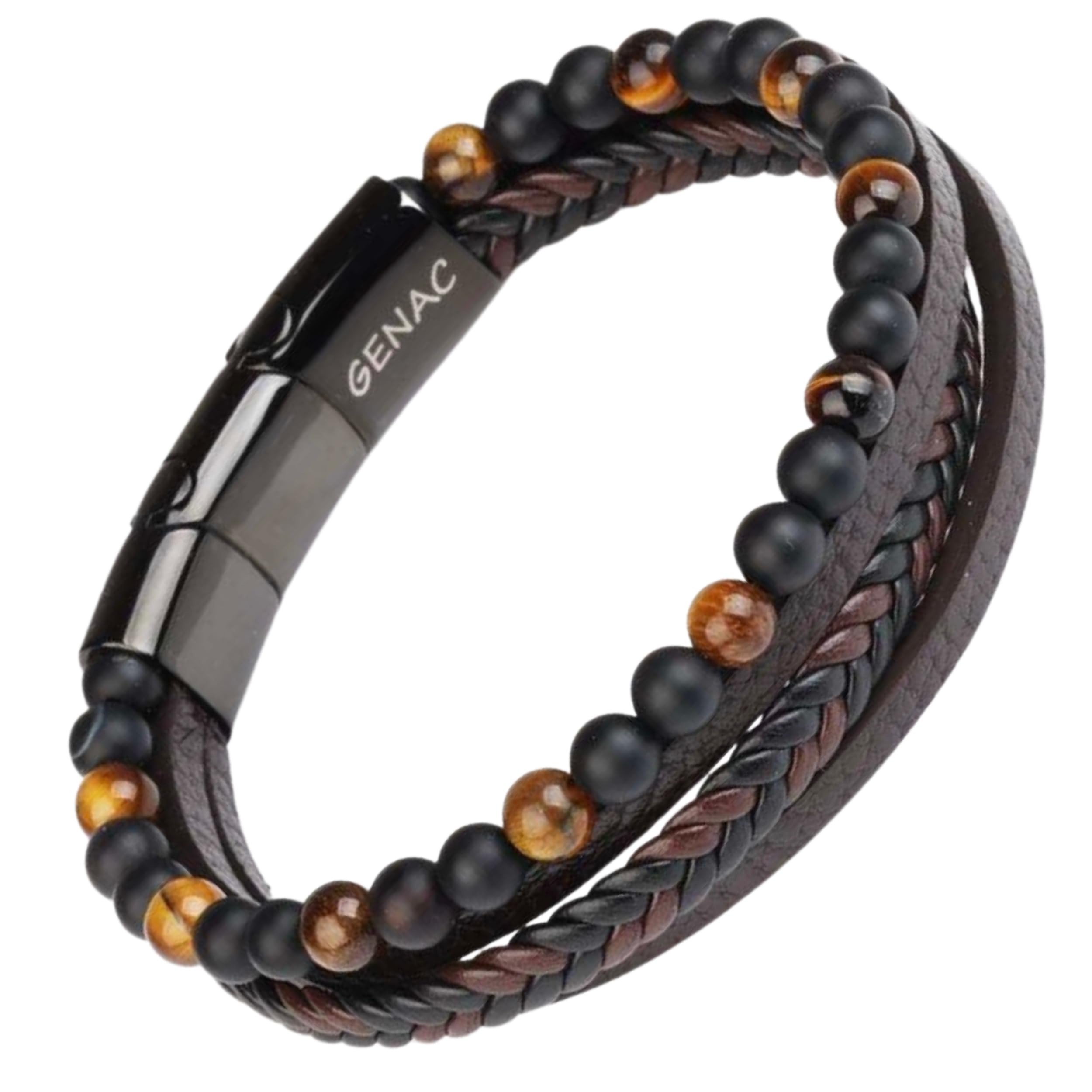genac Pulsera para hombre, con perlas de piedras naturales, 6 mm y piel auténtica, tejido múltiple, con cierre magnético extraíble de acero inoxidable para ajustar fácilmente la longitud.