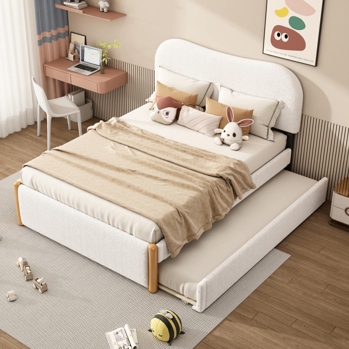 Sweiko Lit Plat 140 * 200cm, lit rembourré en Bois avec lit gigogne Pratique, Cadre de lit pour Enfants,lit Adult Double