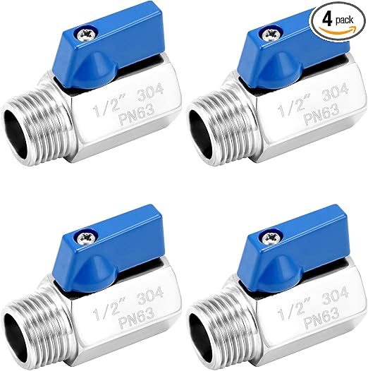 QWORK Mini Ball Valve, 4 Pack 1/2" NPT Thread Female and Male 304 Stainless Steel Shut-Off Valves