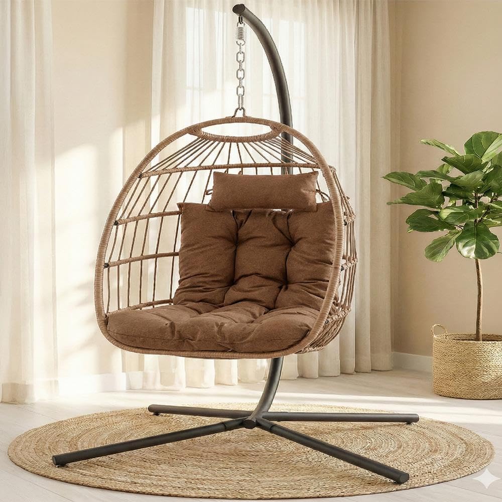 SereneLife Sedia a uovo sospesa con supporto, sedia a dondolo in vimini e rattan, struttura in acciaio verniciato a polvere, cuscino imbottito e poggiatesta, ideale per camera da letto, patio, cortile