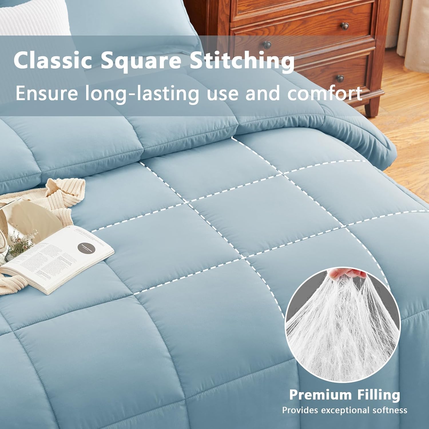 CozyLux King Size Comforter Set - Light Blue Comforter King Size, 3 Pieces Box Stitched Bed Set for All Seasons, Soft Lightweight Bedding Sets with 1 Down Alternative Comforter and 2 Pillow Shams - Image 2