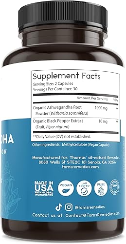 Miniatura 9 de Thomas' all-natural Remedies Suplemento orgánico de apoyo para el estrés de Ashwagandha, apoyo al estado de ánimo y energía, Ashwagandha pura 1000