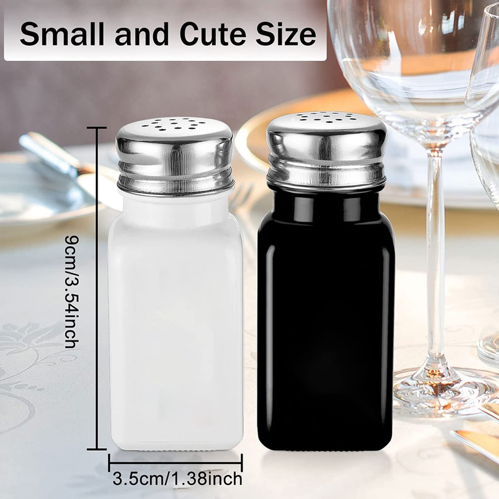 Juego de 2 saleros y pimenteros vintage de vidrio negro y blanco con tapa de acero inoxidable, botellas dispensadoras de condimentos para Kichen