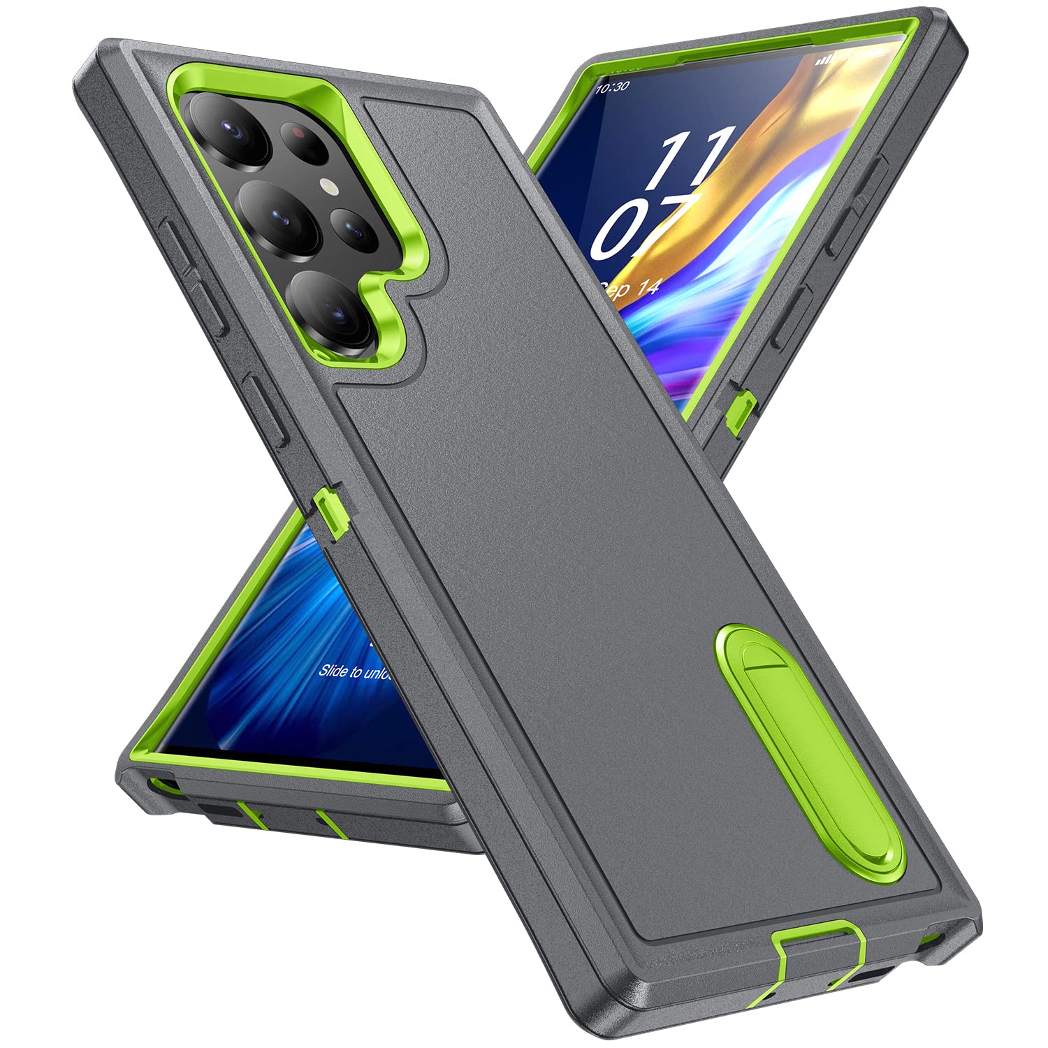 for Samsung Galaxy S23 Ultra Case with Kickstand Case 3-Layer Military Grade Protective Case Cover Silicone Heavy Duty Rugged Shockproof for Galaxy S23 Ultra Phone Case (Gray+Green)