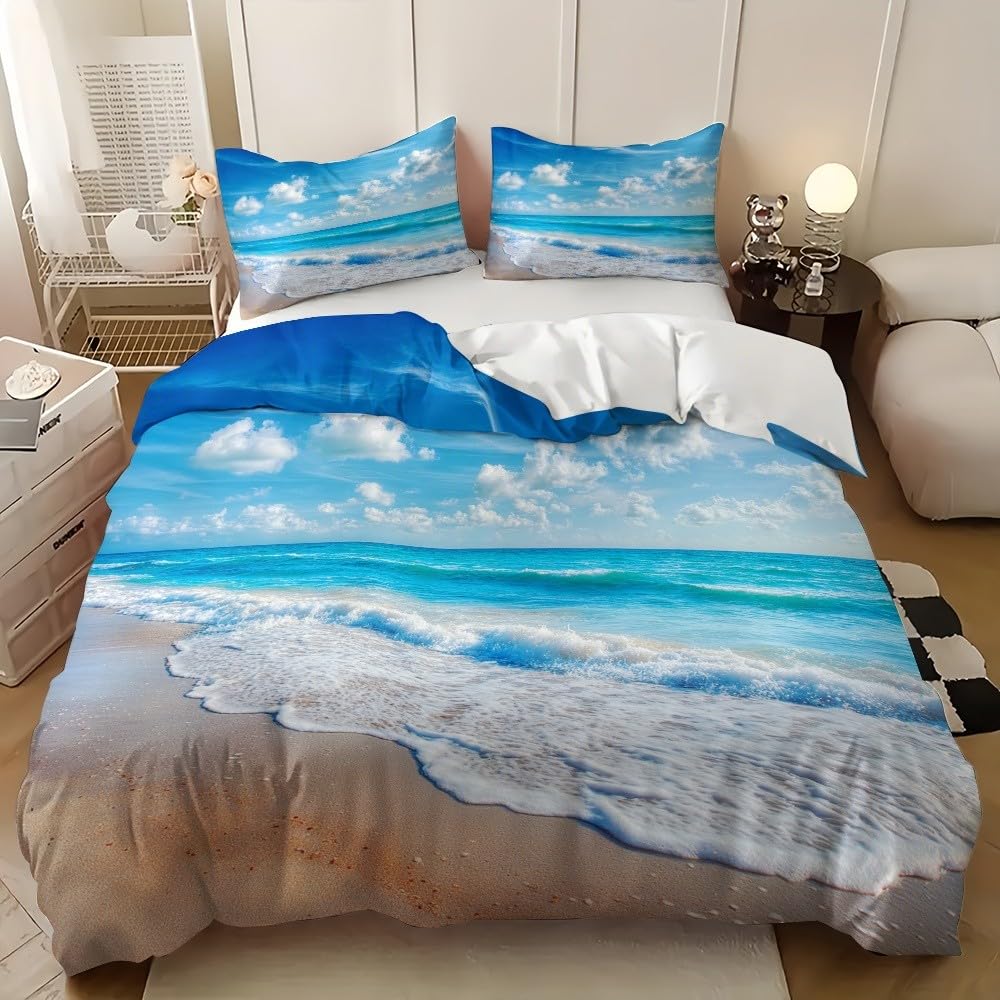 Parure de lit bord de mer plage paysage pour lit enfant ado adulte bleu 90x190