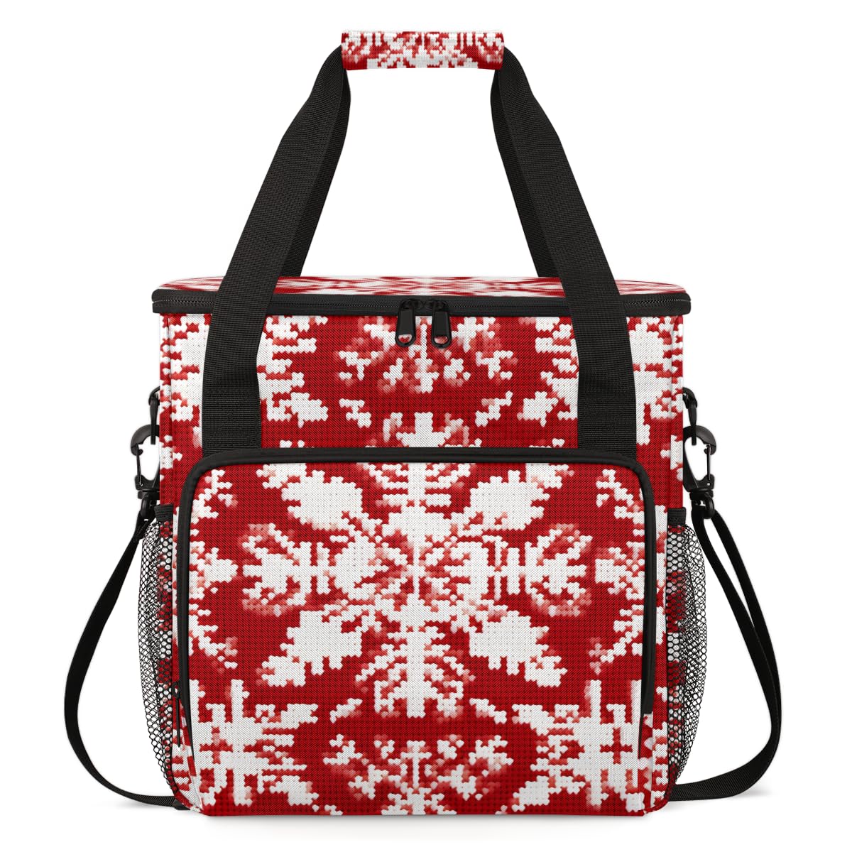 Red Ethnic Pattern Coffee Maker Carrying Bag, Snowflake Travel Storage Bag Compatible with K-Mini or K-Mini Plus, Single Serve Coffee Brewer Carrying Case with Multiple Pockets & Shoulder Strap