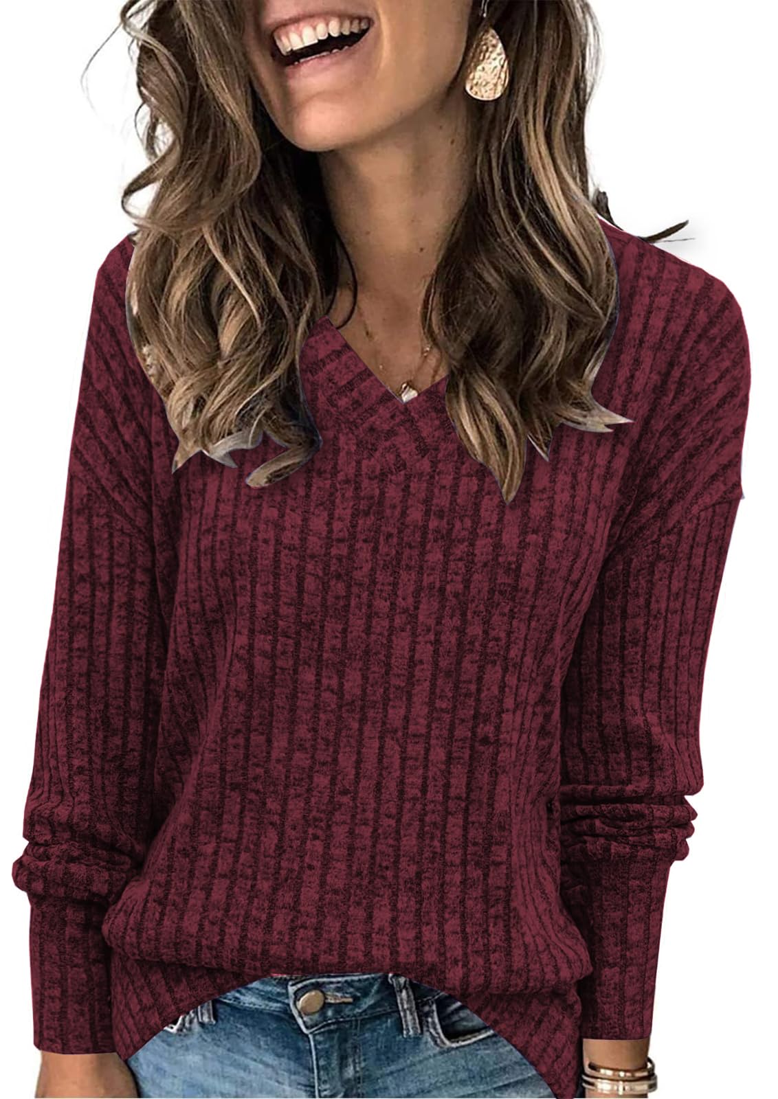 Famulily Pullover für Damen V-Ausschnitt Langarmshirt Leichter Strickpullover Oberteil mit Seitliche Schlitze