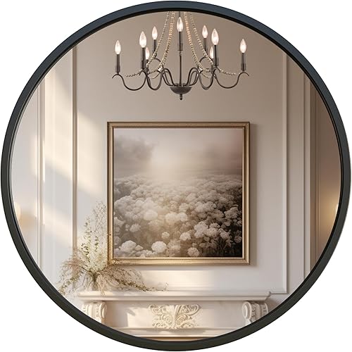 Miniatura 10 de G-LEAF Espejo redondo negro de 28 pulgadas, espejo circular para baño, entrada, tocador, sala de estar, espejo de baño redondo para pared