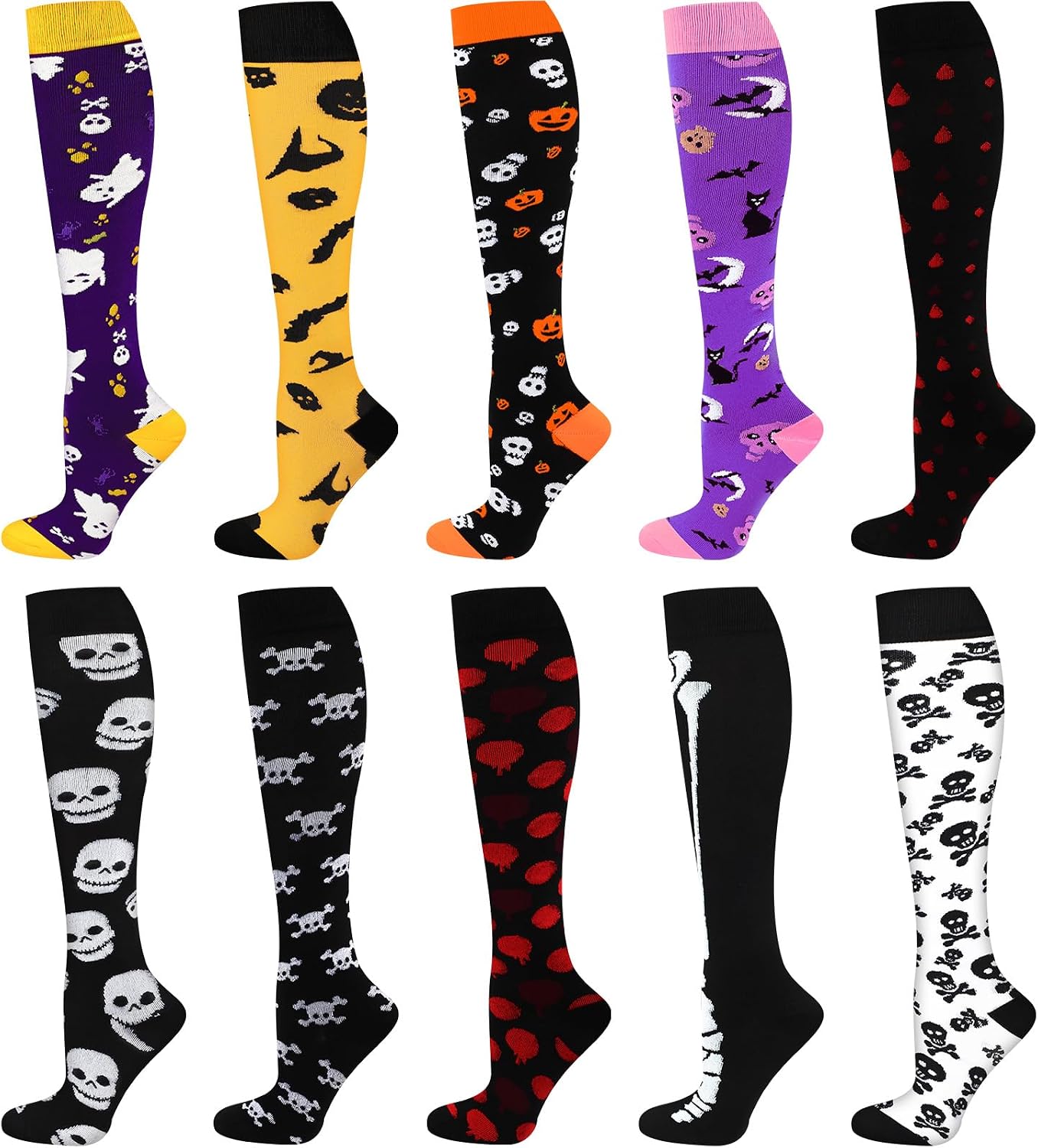 Coume 10 Pairs Halloween High Socks Thigh Long Stockings, Women over Knee Leg Warmer Holiday Socks for Costume Cosplay Party, Multicolor