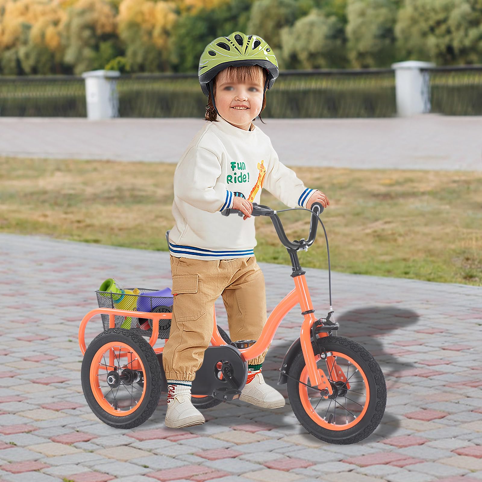 Kinderdreirad in 12 Zoll, Kinderfahrrad mit Eingang-Getriebe, Dreirad belastbar bis 25 kg, Kinderroller mit rutschfesten Pedalen, stabiles Dreiradgestell, für Kinder, Kleinkinder (orange)