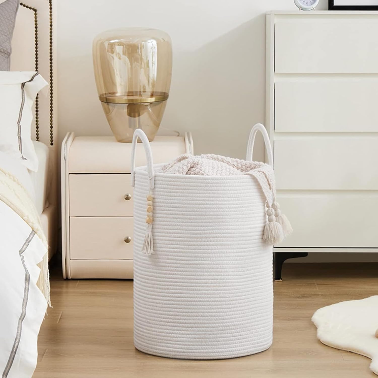 Generic Jute Rope Laundry Basket, 58L Tall Storage Basket, Ideal for Bedroom Organization of Blankets and Clothing (White)
