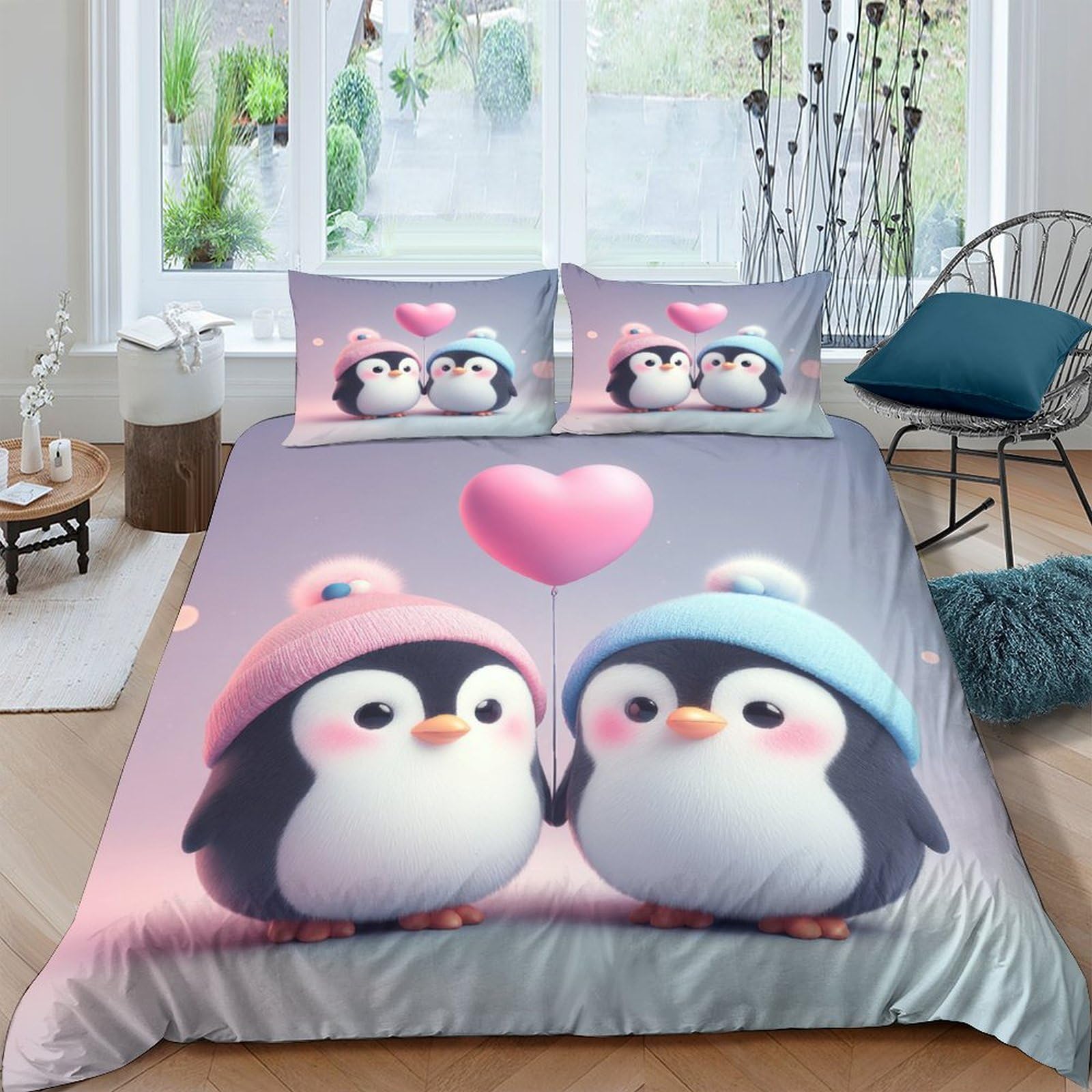 GPLZQXKJNH 3D Printed Cute Penguin Duvet Cover Set Microfiber Soft Breathable Cartoon Bedding with 2 Pillowcases for Bedroom Home Decor Single（135x200cm）