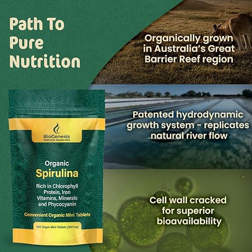 Miniatura 5 de Biogenesis Mini tabletas de espirulina orgánica, 300 unidades (200 mg) Algas azul-verdes cultivadas en Australia Ricas en ficocianina, clorofila