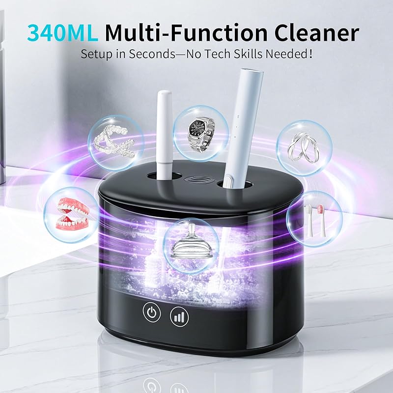 Ultrasonic Retainer Cleaner Machine, 50kHz Dental Cleaning Pod for Night Guards, Braces, Aligners, Toothbrushes, Mouth Guards, Jewelry, 340ml Rechargeable Ultrasonic Denture Cleaner with Digital Timer Black
