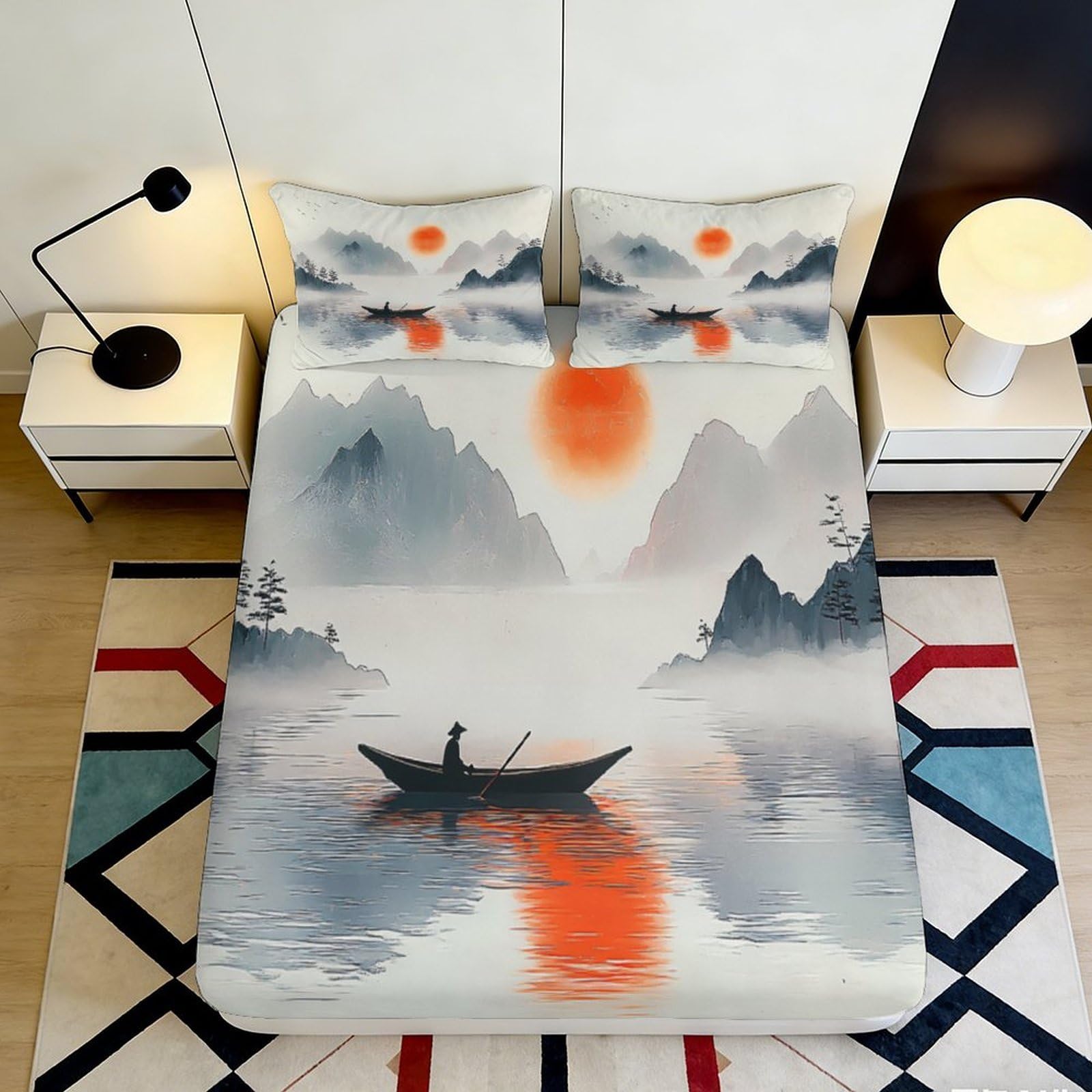 3D Printed Misty Mountain Sunrise Fitted Sheet Microfiber Soft Art Boat Lake Bed Cover for Bedroom Guest Room Decor 90x200x25cm
