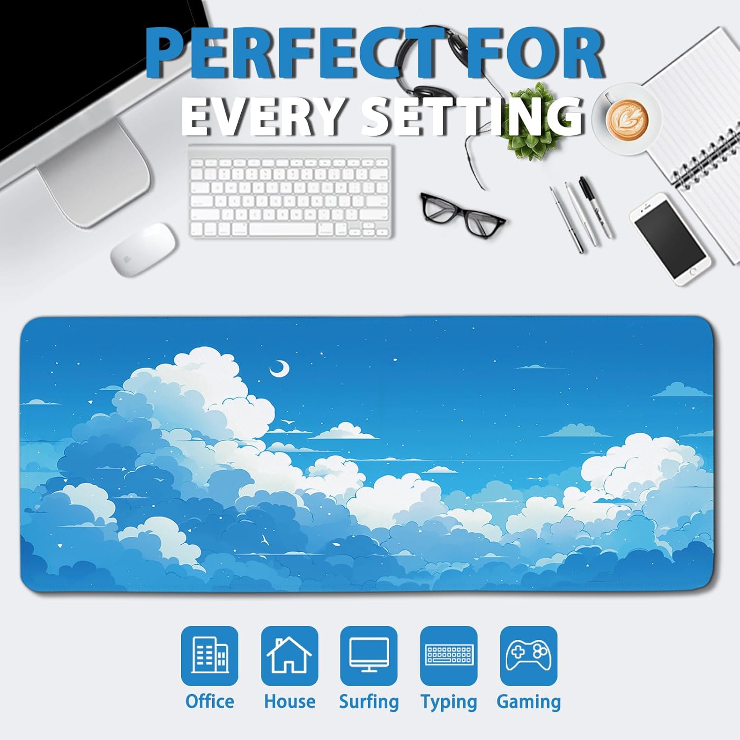 Cloud Gaming Mouse Pads Large, Cloud Aesthetics Mousepad with Non Slip Base Stitched Edges, Extended Desk Mats for Computer Laptop, Blue Sky Keyboard Pad for Home Office 11.8”x 31.4”XL - Image 6