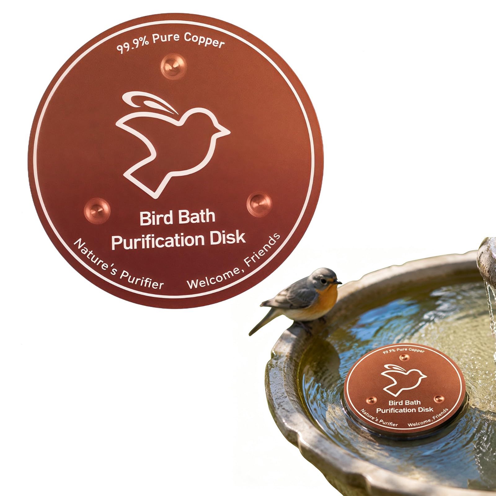 Maggasacca Round Bird Design Copper Bird Bath Cleaner, 100mm Diameter Bird Bath Copper Disk with Stable 3-Point Support Bird-Friendly Outdoor Accessory Keeping Birdbath Water Fresh, Uinversal Fit
