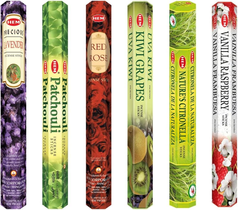 HEM Incense Sticks - 6 Unique and Premium Fragrances | Precious Lavender, Patchouli, Red Rose, Kiwi Grapes, Nature Citronella and Vanilla Raspberry Incense Sticks