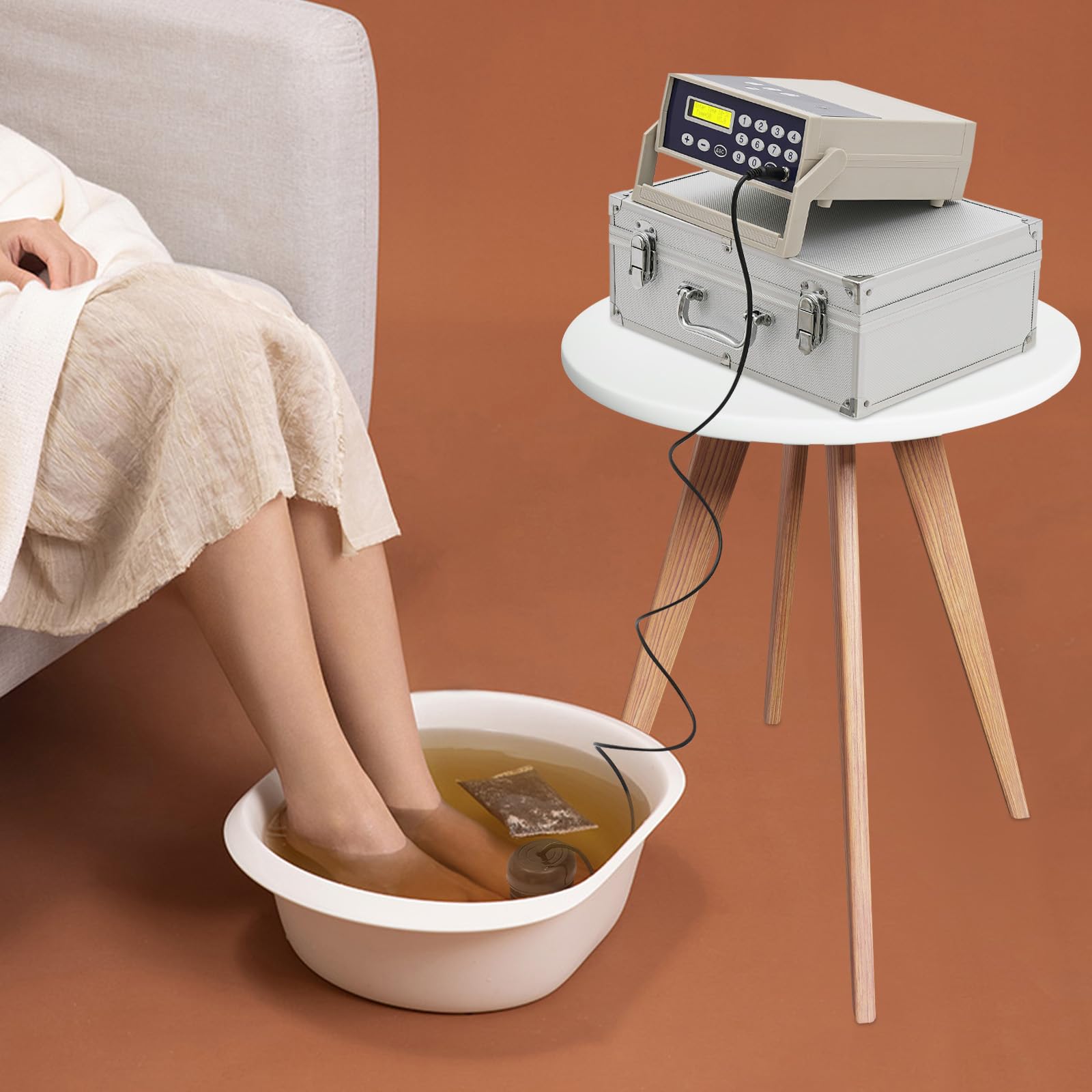 Ionen Fußbad Entgiftung mit Hüftgurt & Handgelenkband, Elektrisches Fußbad Gerät mit 3 Temperaturstufen für Zuhause & Spa – Fussreiniger Set Maschine mit Ionenkopf & Aluminiumbox