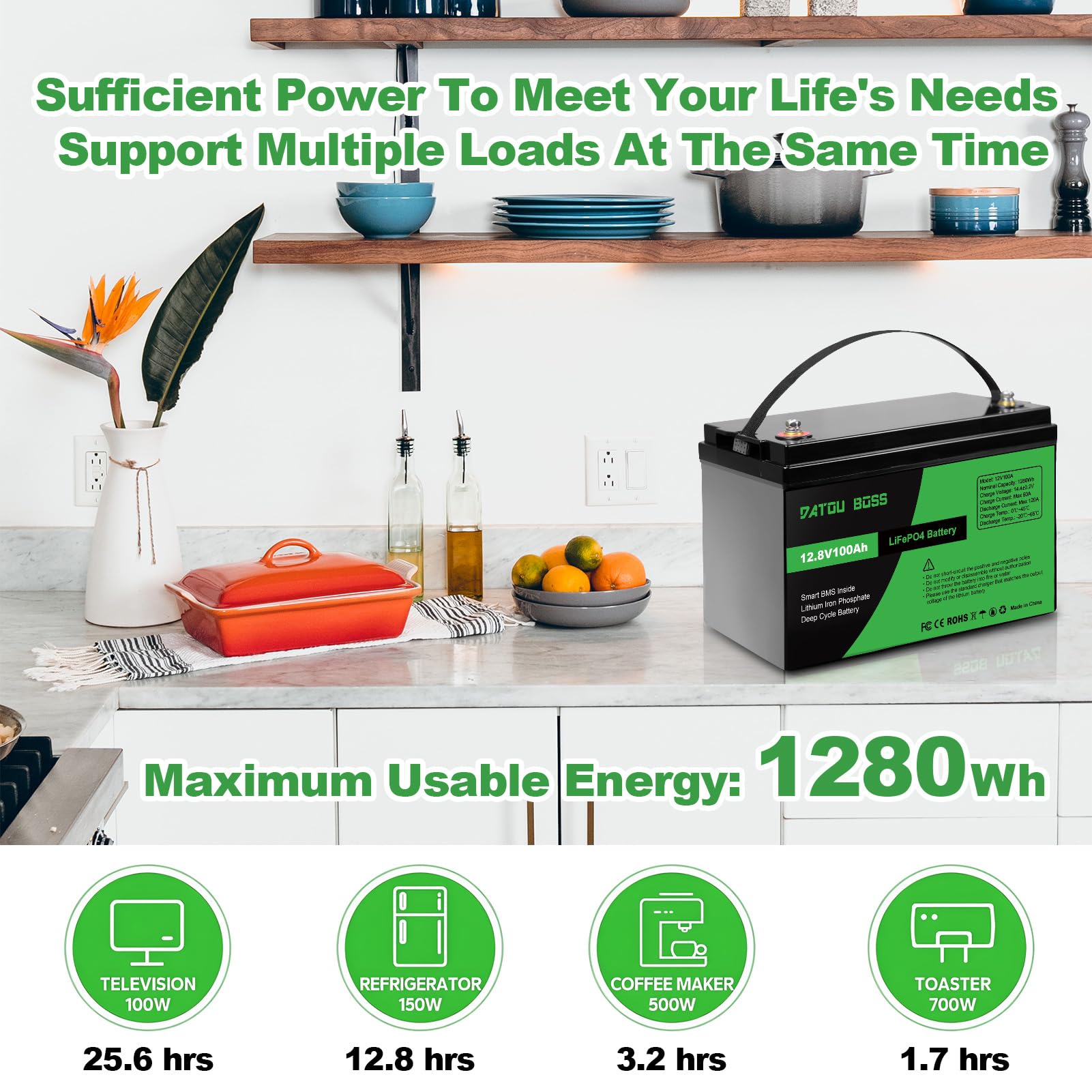 DATOUBOSS Batterie LiFePO4 12 V 100 Ah 1280 Wh au lithium avec BMS amélioré 100 A, max. 15 000 cycles de profondeur, supporte la commutation série/parallèle pour camping-car, panneau solaire, marine