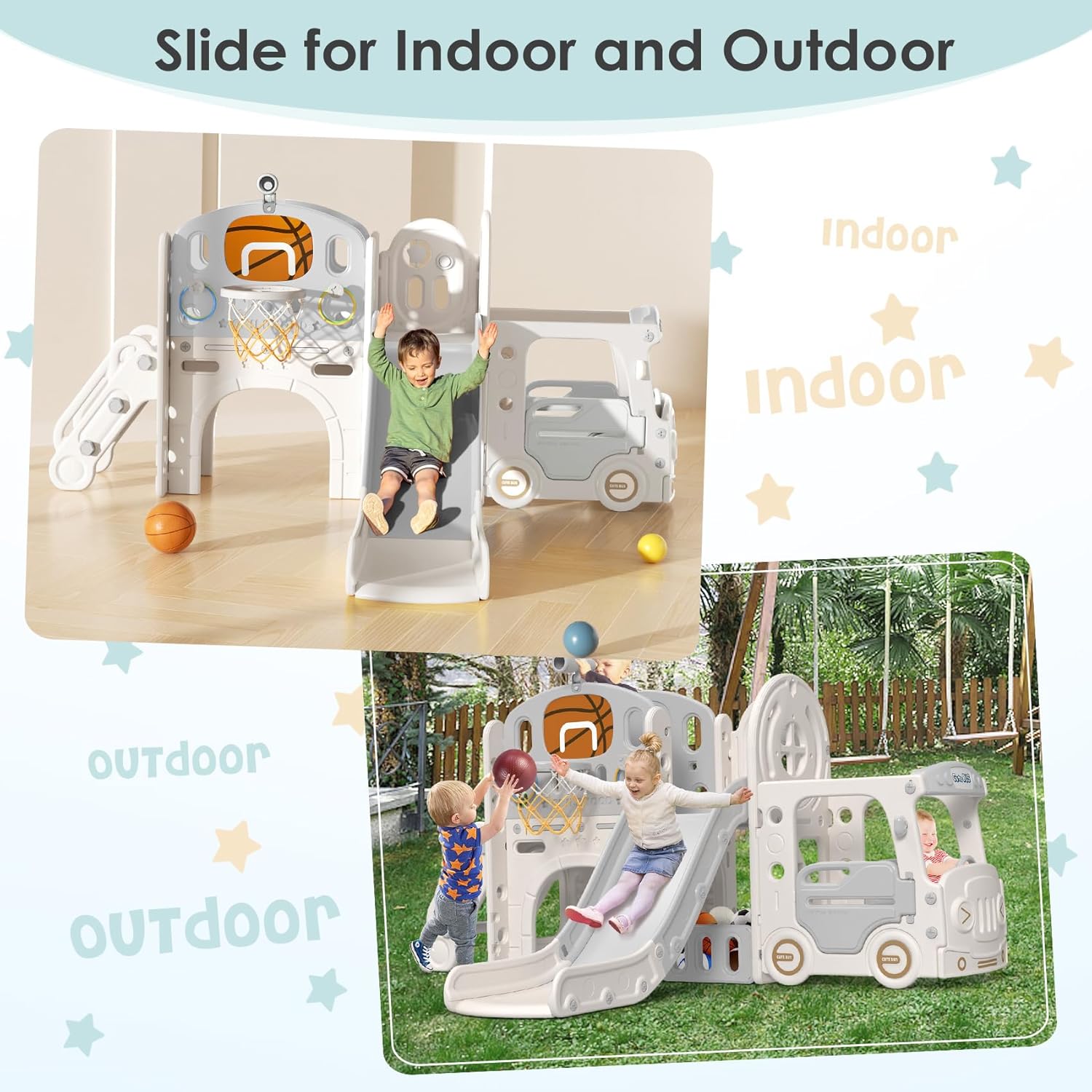 BIERUM 10 in 1 Toddler Slide, Baby Slide for Toddlers Age 1-3 with Ring Toss, Basketball Hoop and Bus Play House, Indoor Outdoor Playset Playground Beige Gray