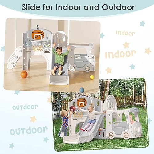 Miniatura 6 de BIERUM Tobogán 10 en 1 para niños pequeños de 1 a 3 años con lanzamiento de anillo, aro de baloncesto y casa de juegos en autobús, juego para