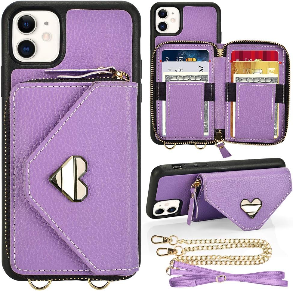 iPhone 11 Wallet Case 6.1 inch, JLFCH iPhone 11 Crossbody Case with Card Holder Wrist Strap Purse Chain Zipper Cover for iPhone 11 6.1 inch - Light Purple