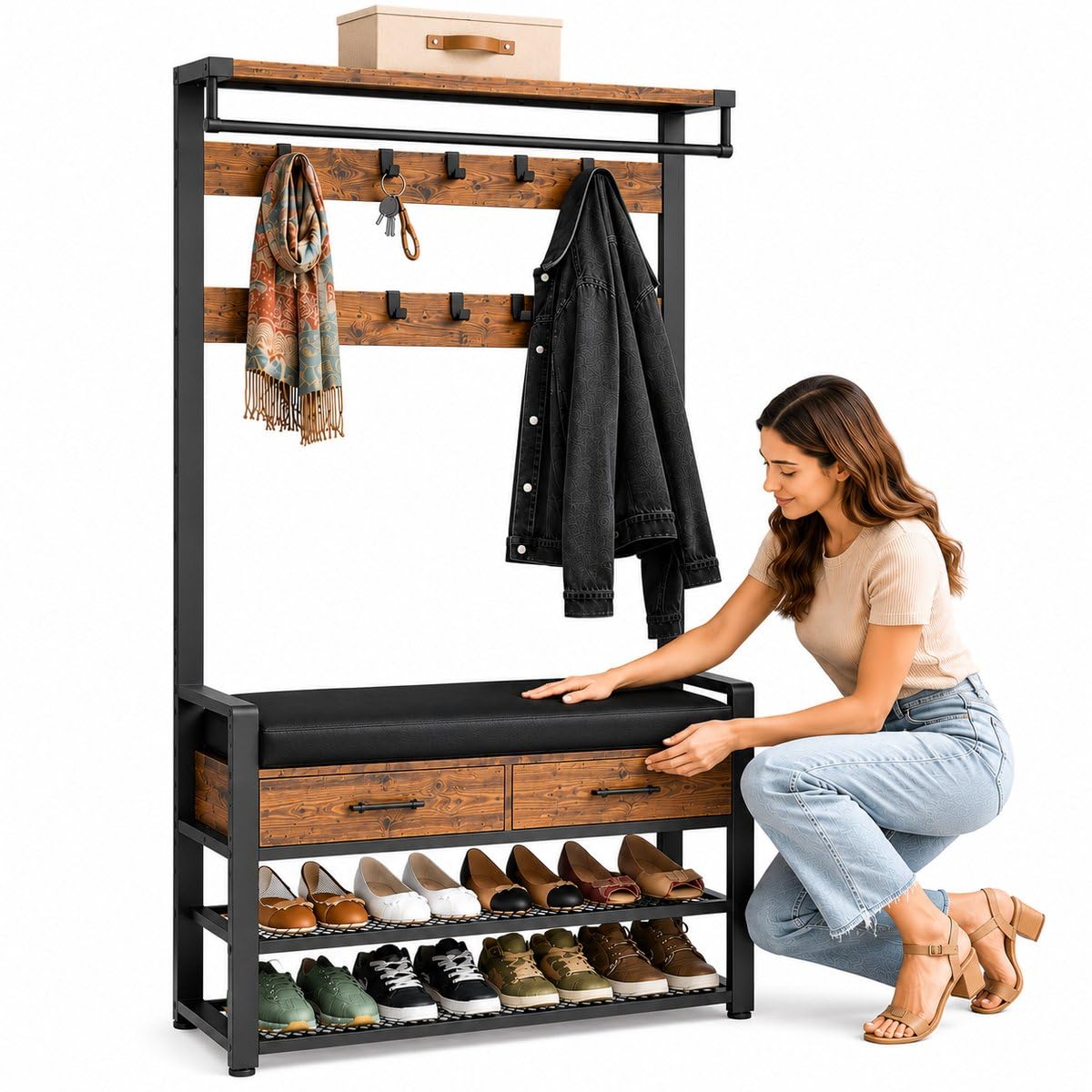 Garderobe mit Sitzbank und Schuhregal – mit 2 Schubladen - Garderobenständer mit Kleiderstange, 8 Doppelhaken, 2 Schubladen und Schuhablage – Flurgarderobe mit Sitzfläche 80 x 32 x 181 cm