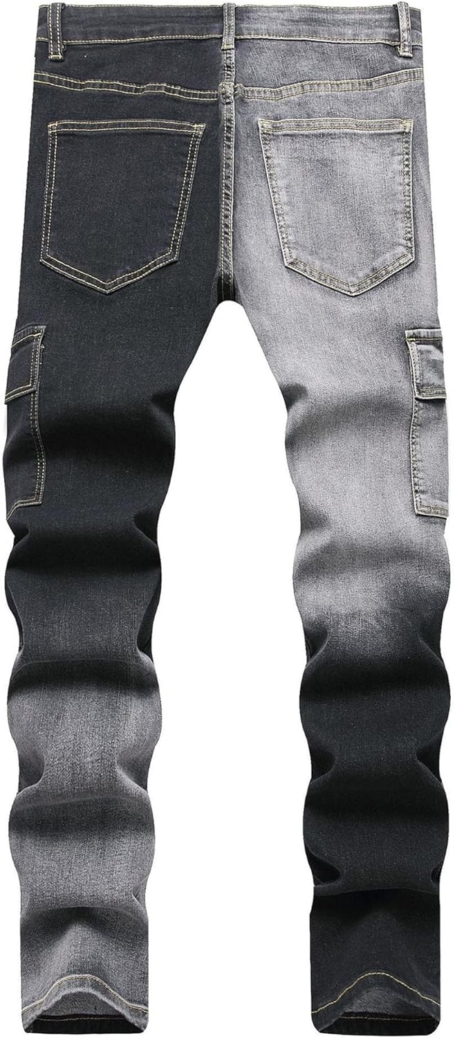 Color Block Straight Jeans for Men Fashion Street Punk Style Denim Pants Y2K Slim Fit Denim Trousers Streetwear