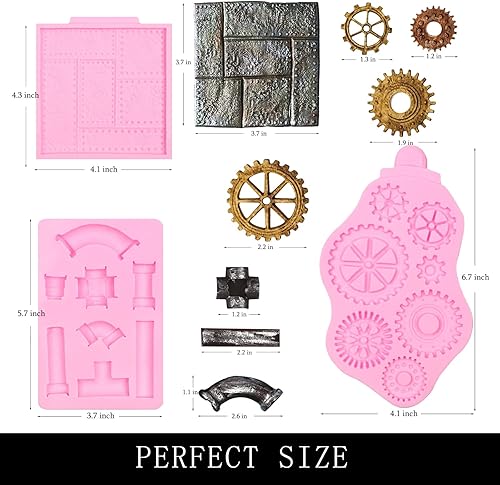 Miniatura 2 de Steampunk Gear - Moldes de silicona, 3 paquetes de tubería de agua remachada placa de metal molde de chocolate para decoración de pasteles